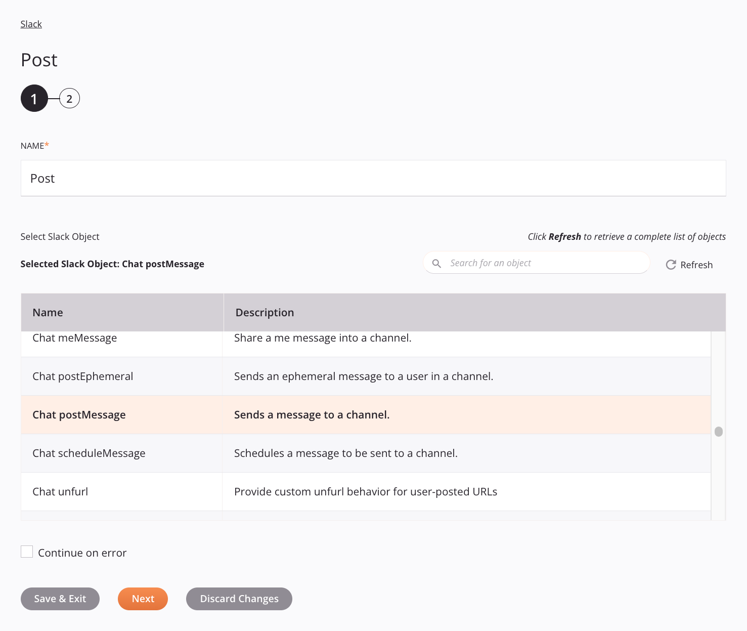 Paso 1 de configuración de la actividad posterior de Slack