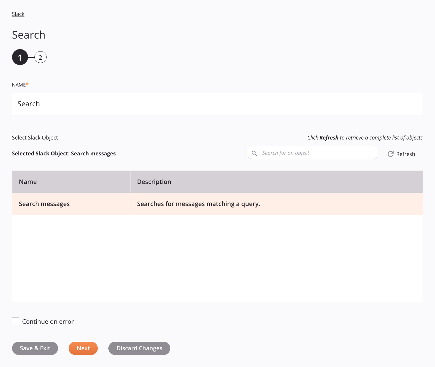 Paso 1 de configuración de la actividad de búsqueda de Slack