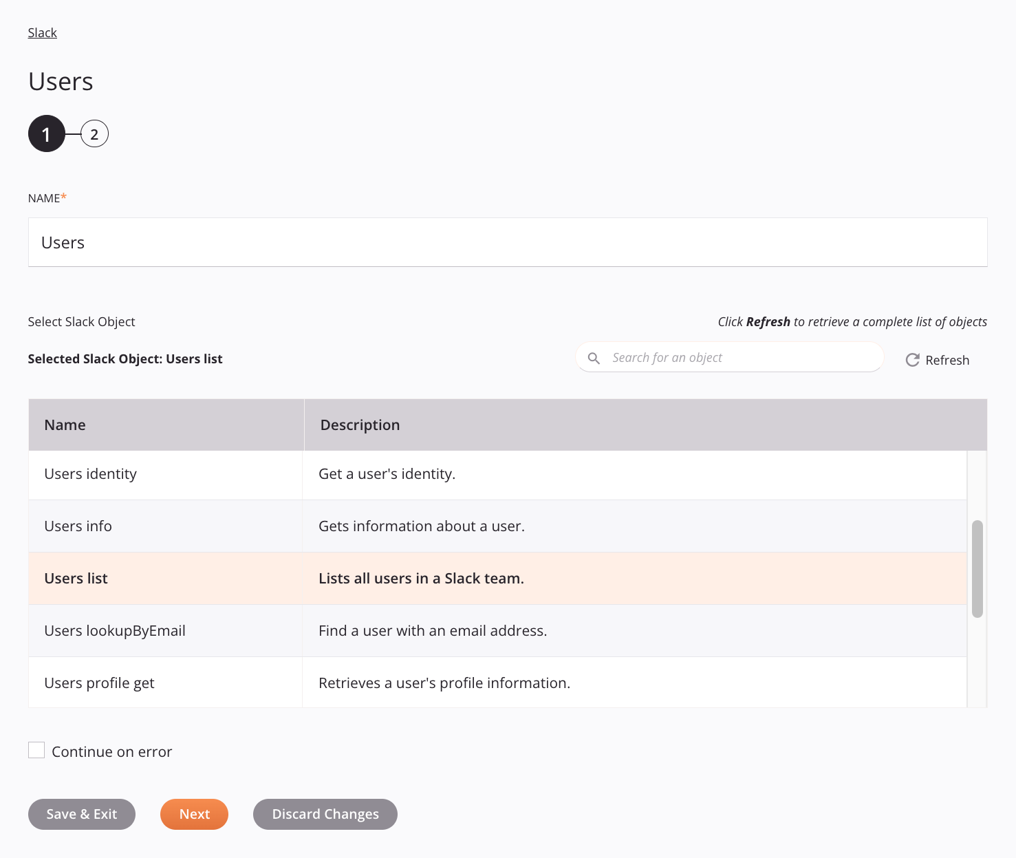 Slack Users activity configuration step 1