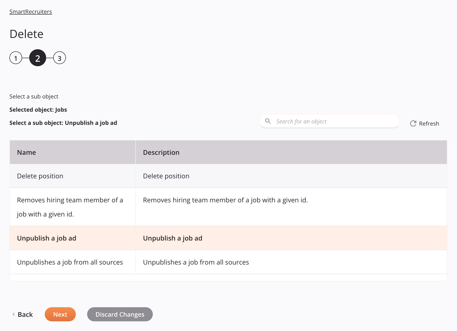 Etapa 2 da configuração de atividade de exclusão do Smartrecruiters