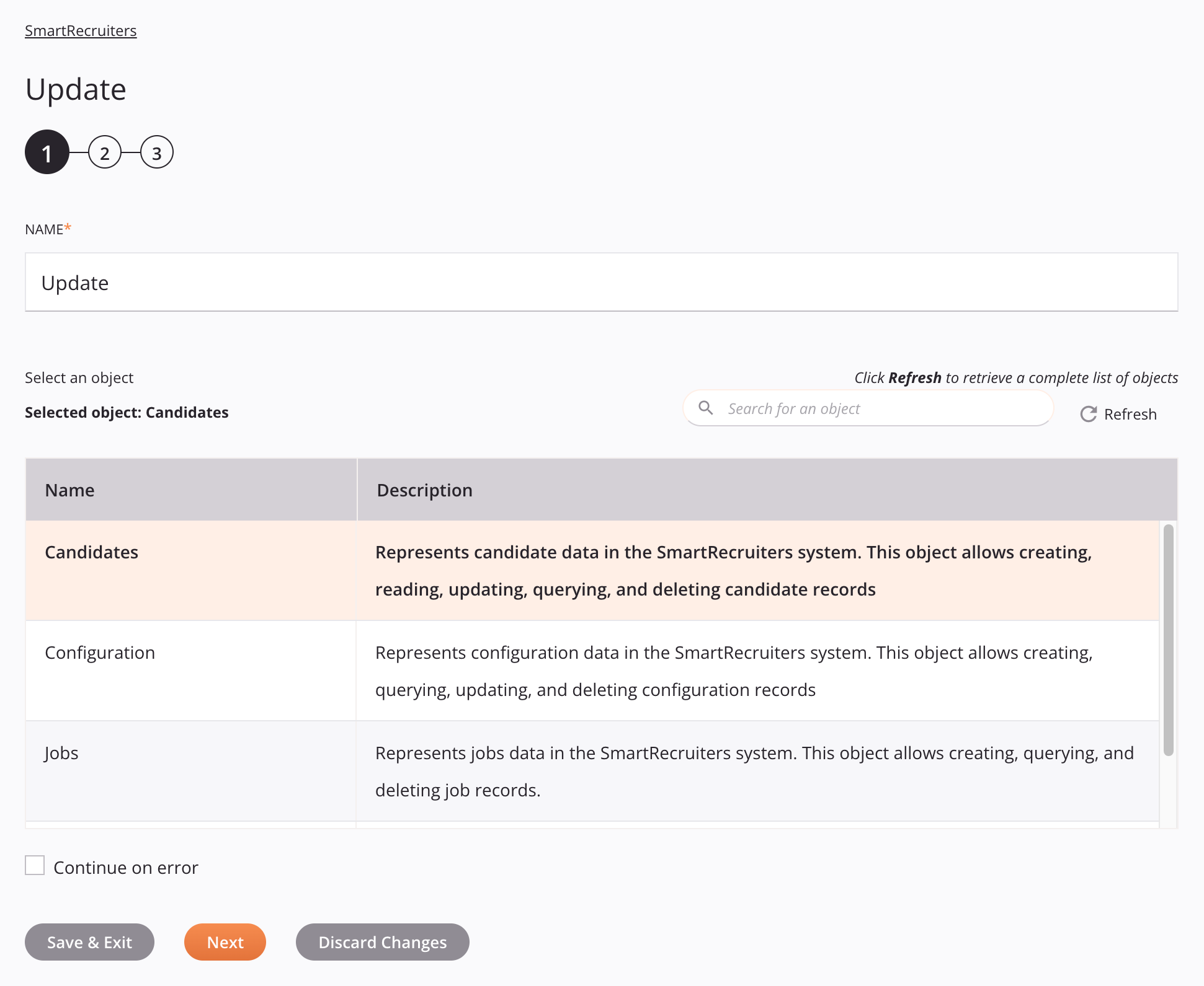 Etapa 1 da configuração da atividade de atualização do Smartrecruiters