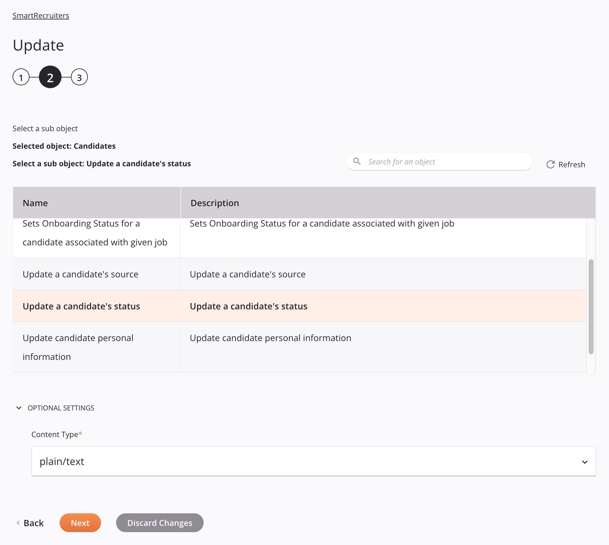 Etapa 2 da configuração da atividade de atualização do Smartrecruiters