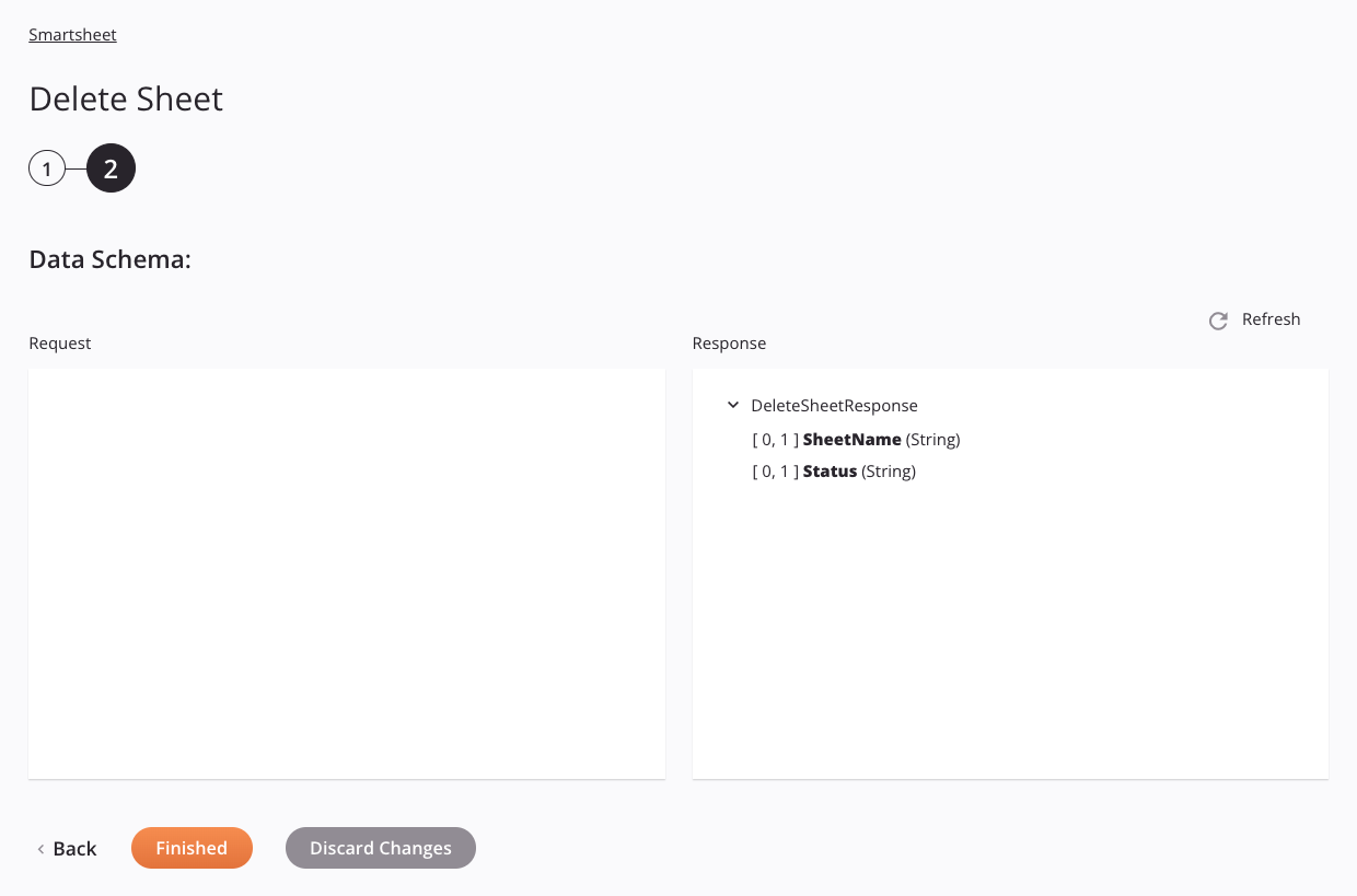 Etapa 2 da configuração da atividade de exclusão da planilha do Smartsheet