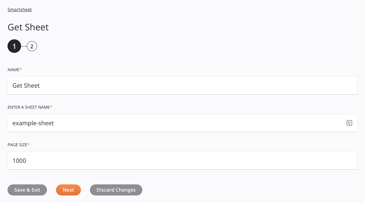 Paso 1 de configuración de actividad de obtención de hoja de Smartsheet