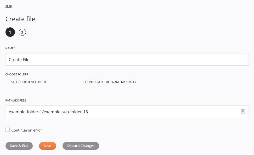 Manual del paso 1 de configuración de actividad de creación de archivos de SMB