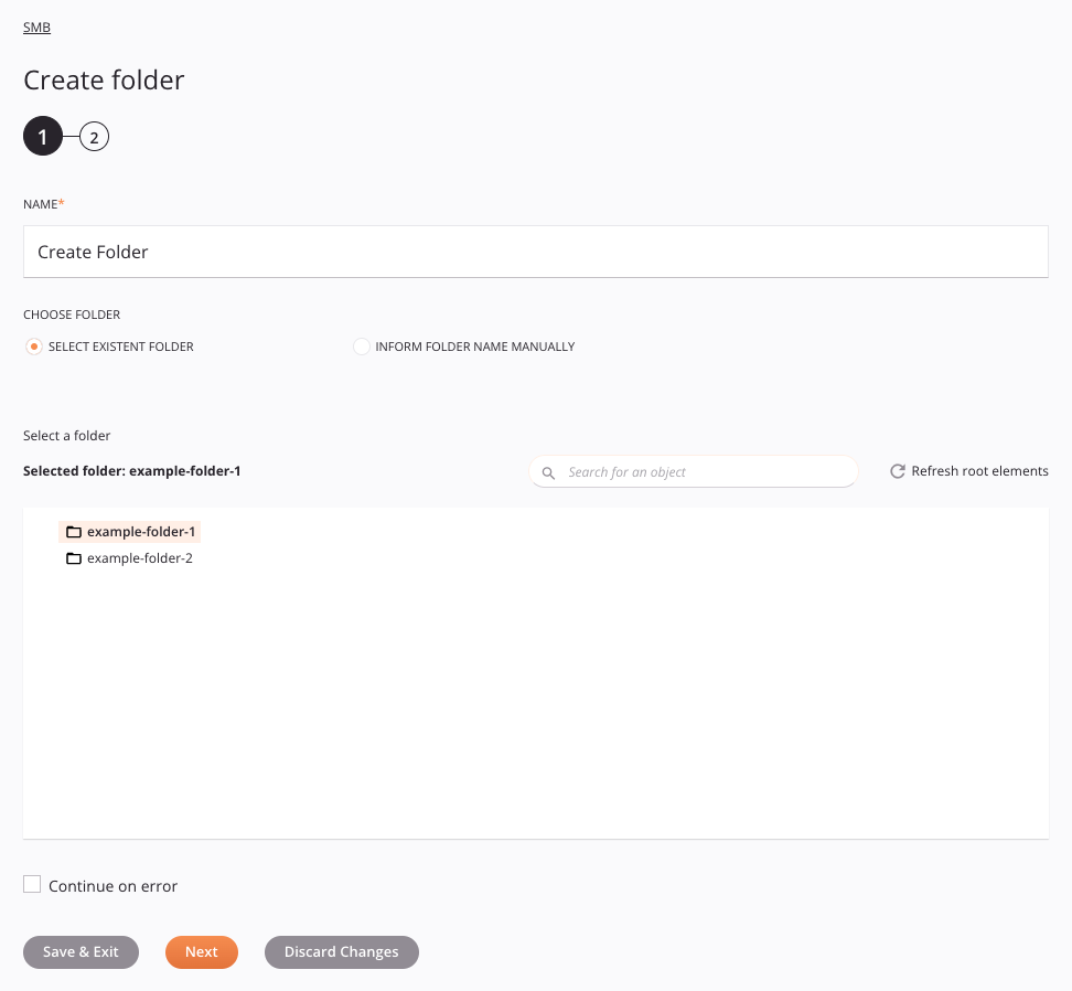 Lista del paso 1 de configuración de actividad de creación de carpeta de SMB