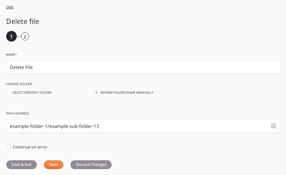 Manual del paso 1 de configuración de actividad de eliminación de archivos de SMB