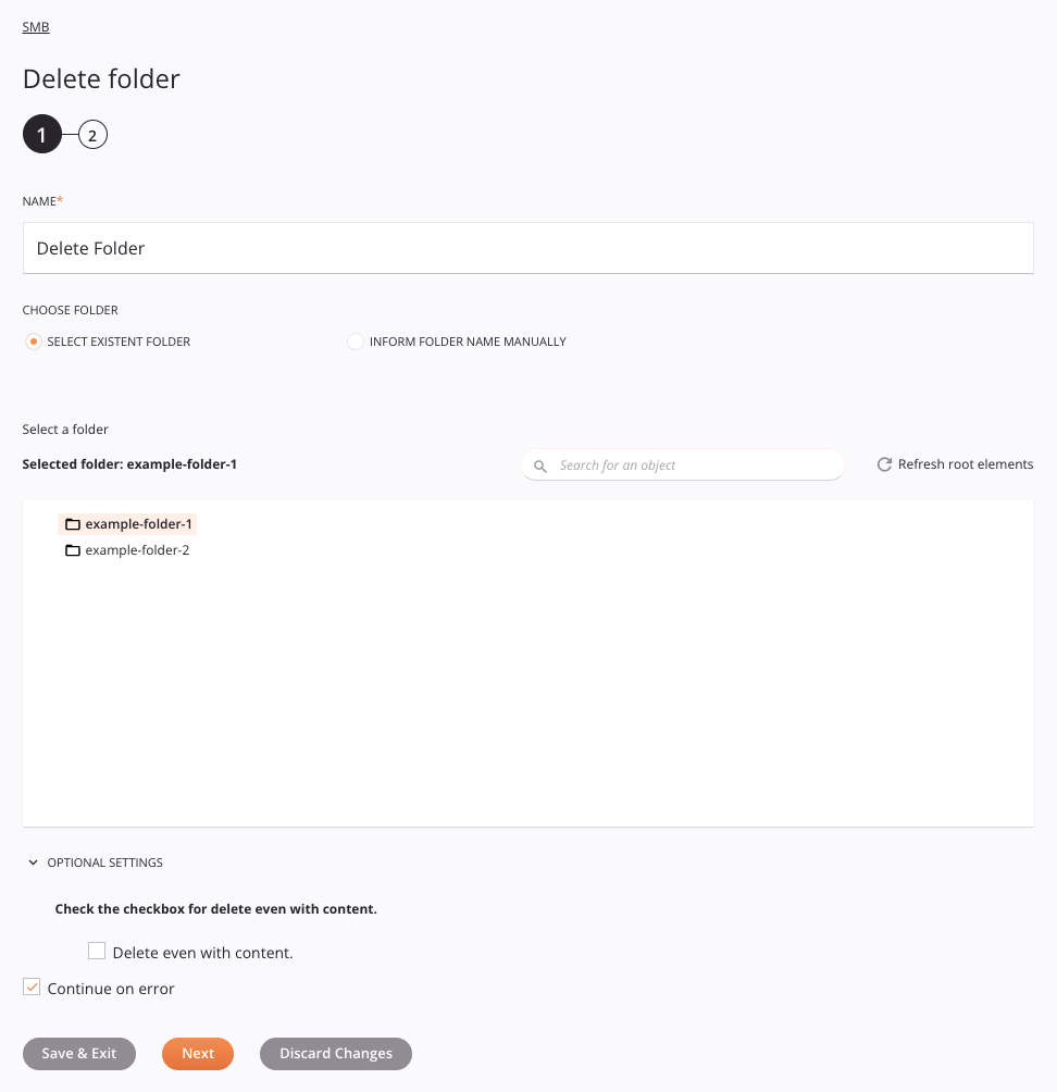 SMB Delete Folder activity configuration step 1 list