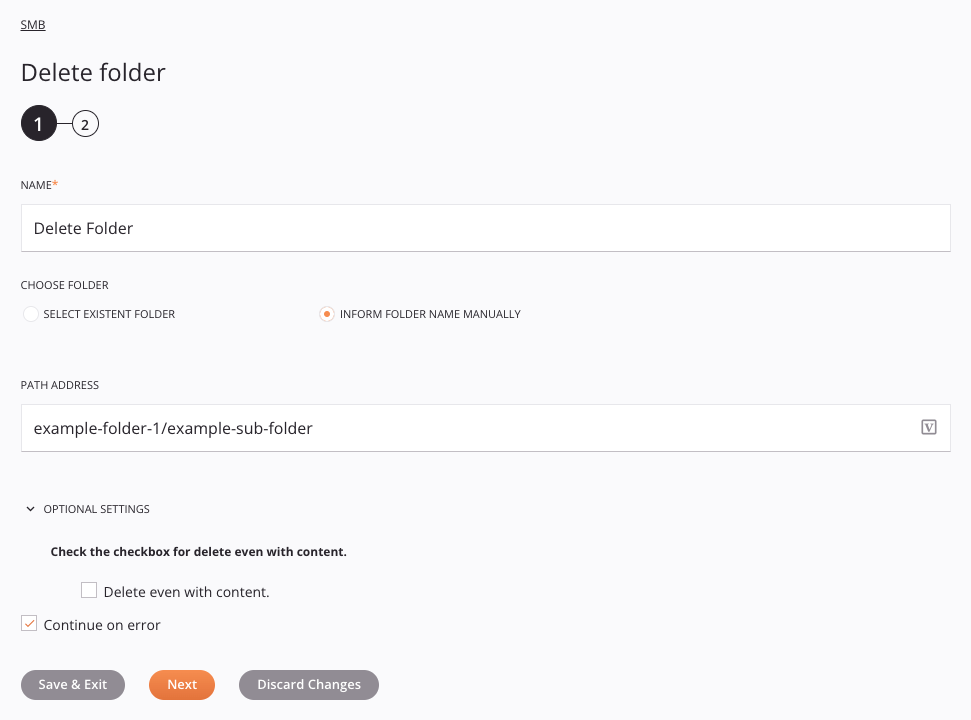 SMB Delete Folder activity configuration step 1 manual