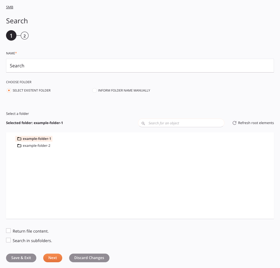 Lista del paso 1 de configuración de actividad de búsqueda SMB