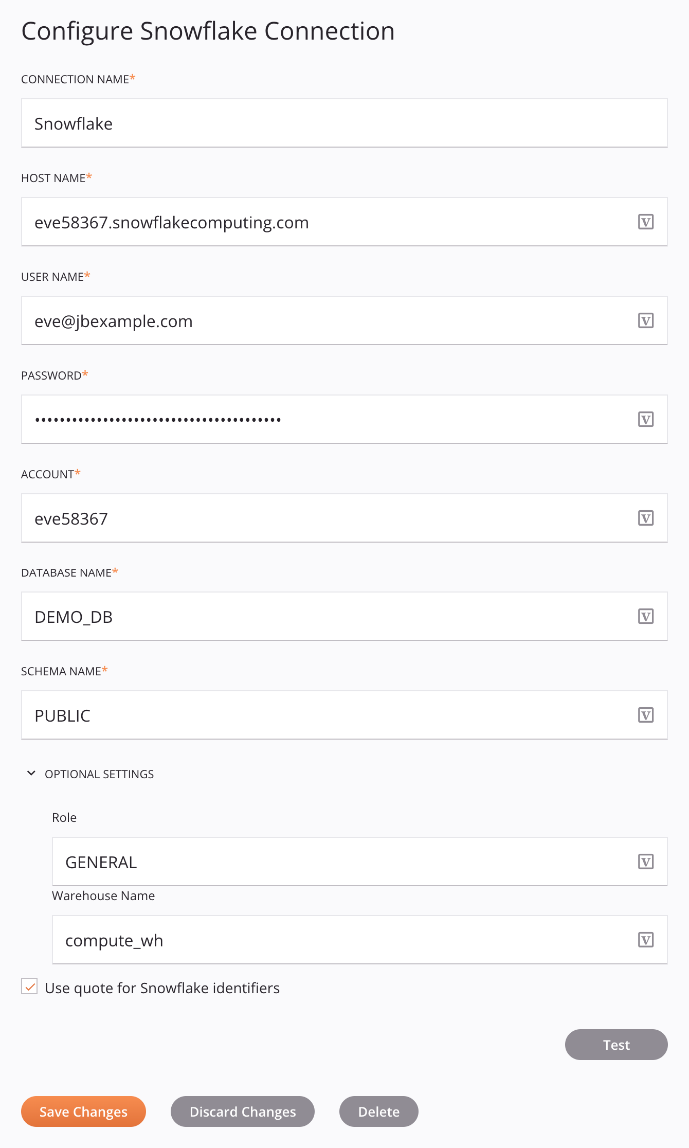 Snowflake connection configuration