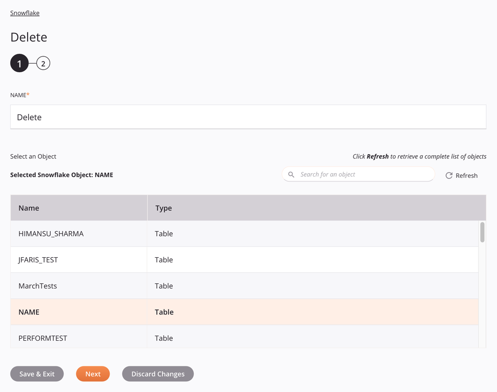 Paso 1 de configuración de la actividad de eliminación de Snowflake