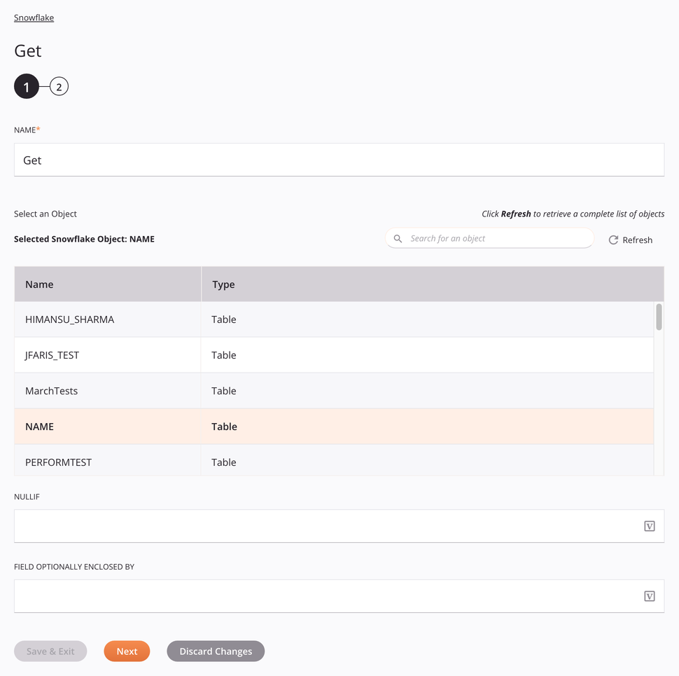 Snowflake Get activity configuration step 1