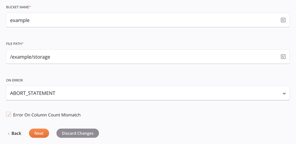 Snowflake Insert Activity Configuration Etapa 2 Opções adicionais da abordagem de arquivo de estágio do Amazon S3