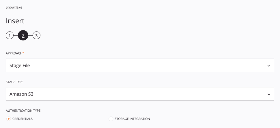 Configuração da atividade de inserção do Snowflake, etapa 2, abordagem do arquivo de estágio do Amazon S3