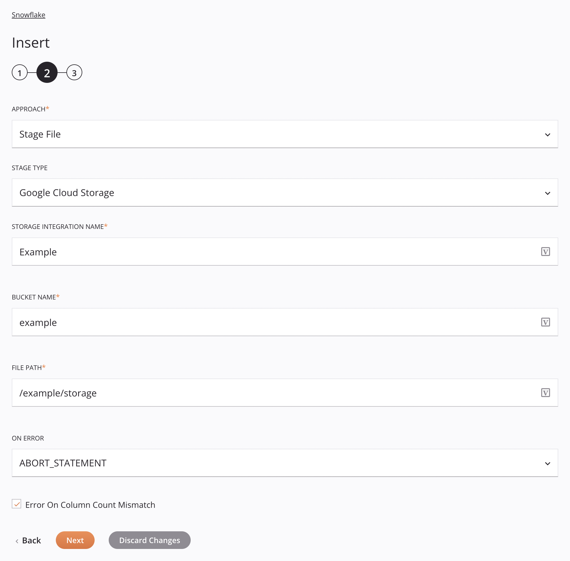 Configuración de actividad de inserción de Snowflake Paso 2 Enfoque de archivo de etapa de Google Cloud Storage