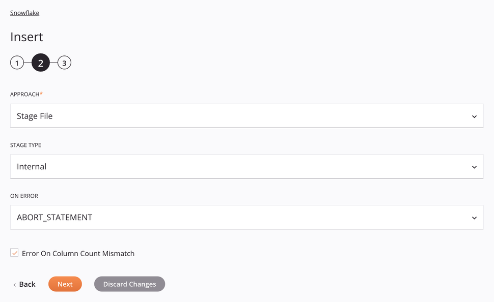 Snowflake Insert activity configuration step 2 internal stage file approach