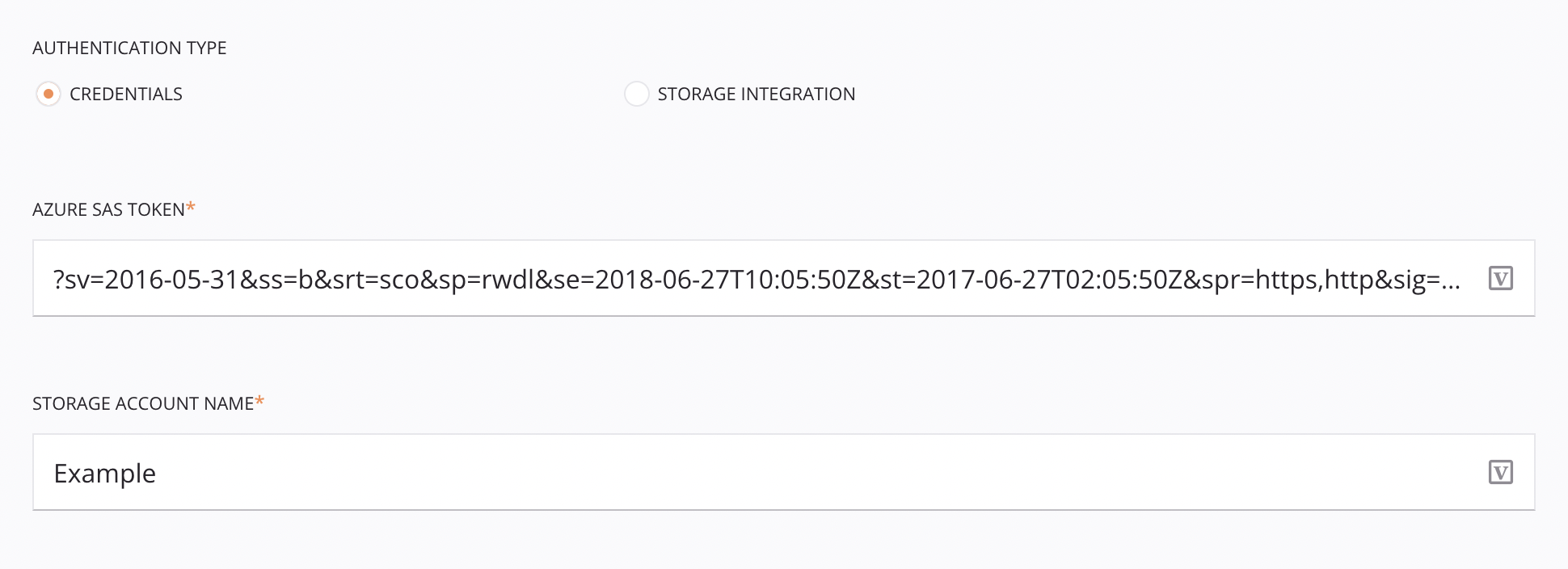 Configuración de actividad de inserción de Snowflake Paso 2 Credenciales de enfoque de archivo de etapa de Microsoft Azure