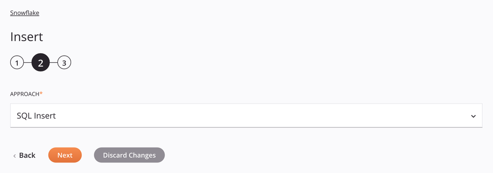 Snowflake Insert activity configuration step 2 SQL insert approach