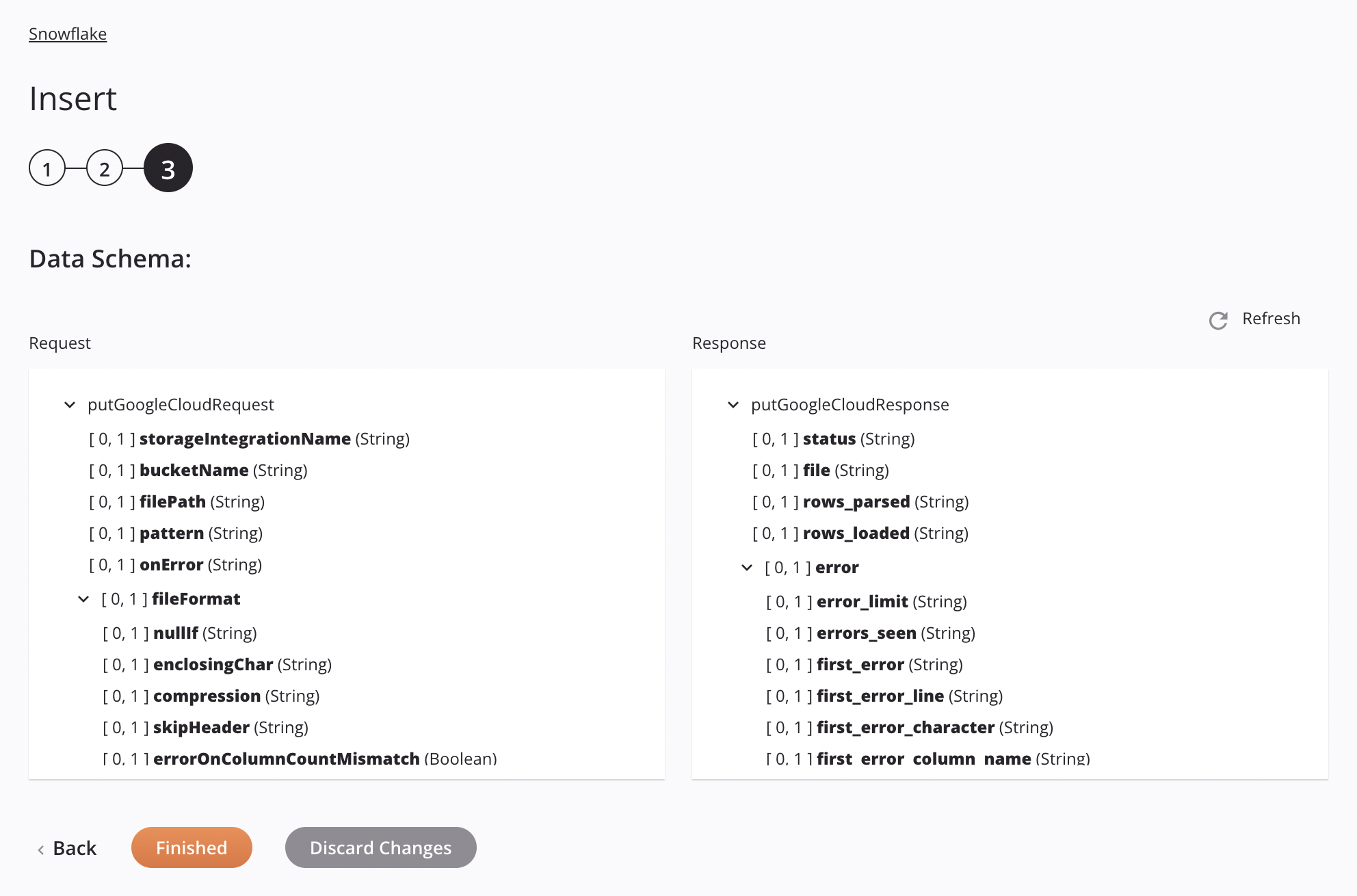 Configuração da atividade de inserção do Snowflake, etapa 3, abordagem do arquivo de estágio do Google Cloud Storage