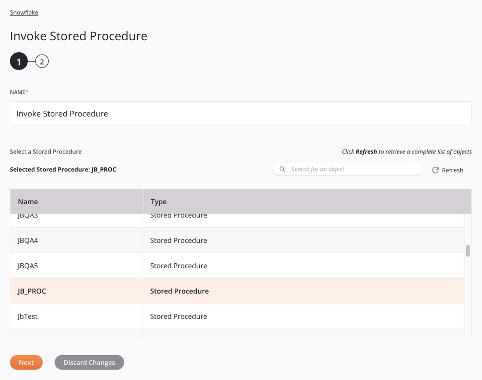 Paso 1 de configuración de la actividad del procedimiento almacenado de invocación de Snowflake