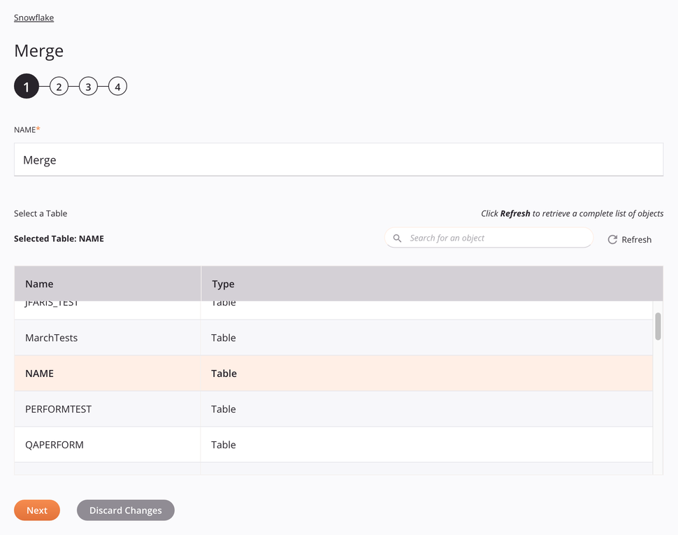 Paso 1 de configuración de la actividad de fusión de Snowflake