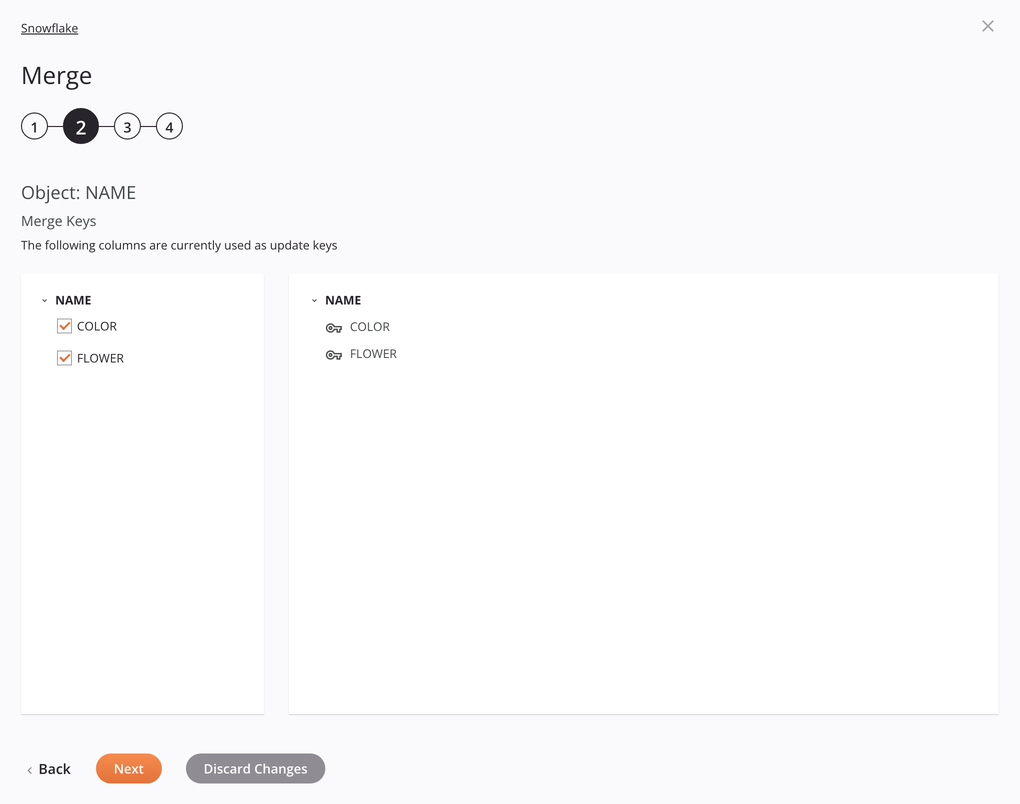 Paso 2 de configuración de la actividad de fusión de Snowflake