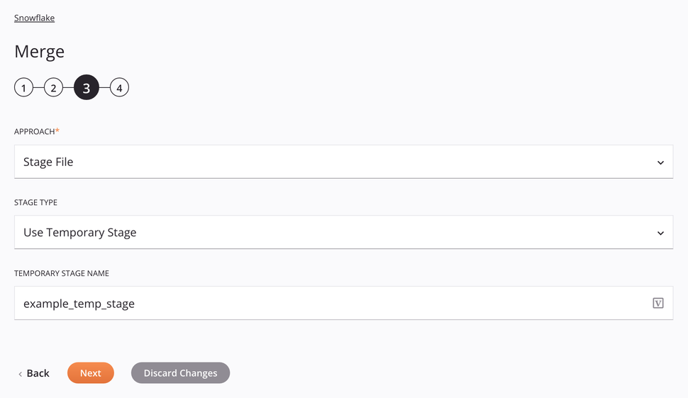 Configuração da atividade de mesclagem do Snowflake Etapa 3 Abordagem de arquivo de estágio temporário