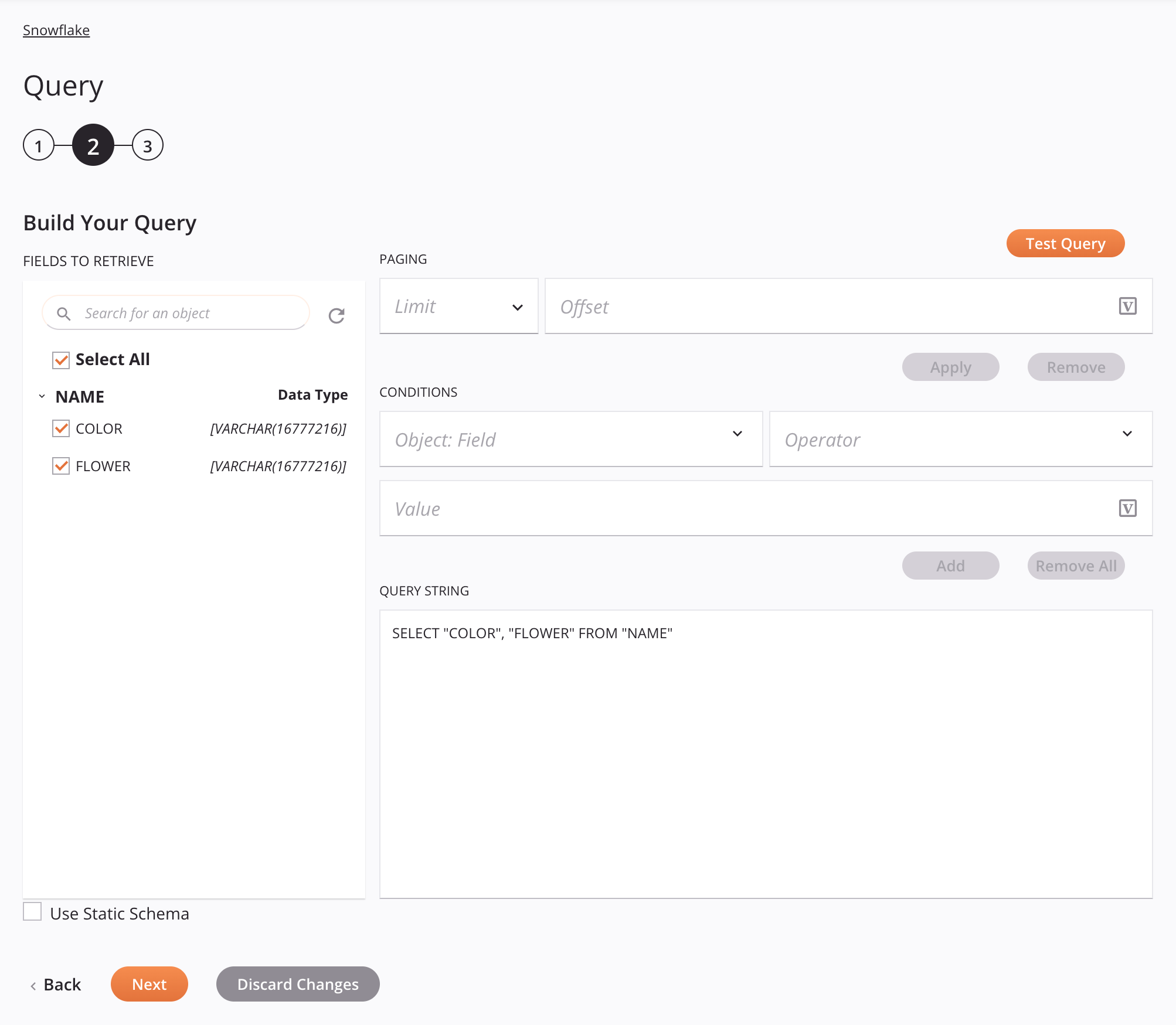 Paso 2 de configuración de la actividad de consulta de Snowflake