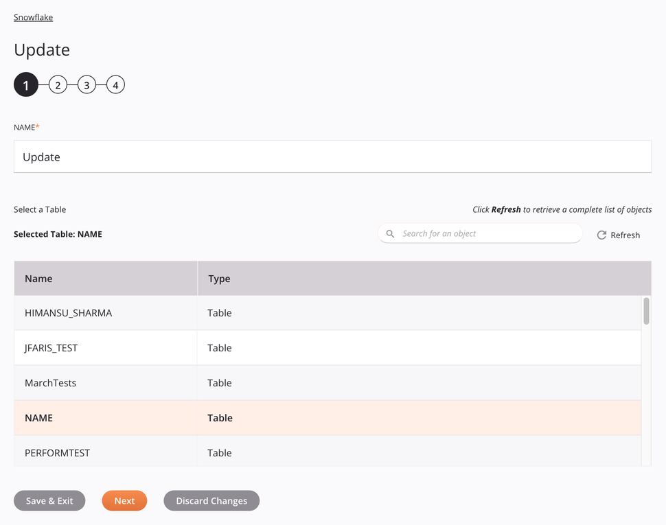 Paso 1 de configuración de la actividad de actualización de Snowflake