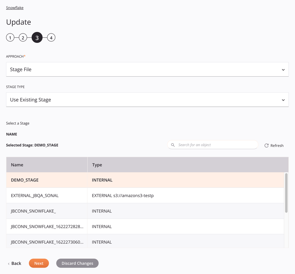 Configuração da atividade de atualização do Snowflake Etapa 3 Abordagem de arquivo de estágio existente