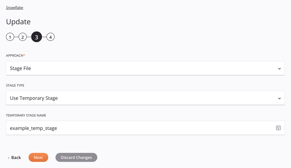 Configuração da atividade de atualização do Snowflake Etapa 3 Abordagem do arquivo de estágio temporário