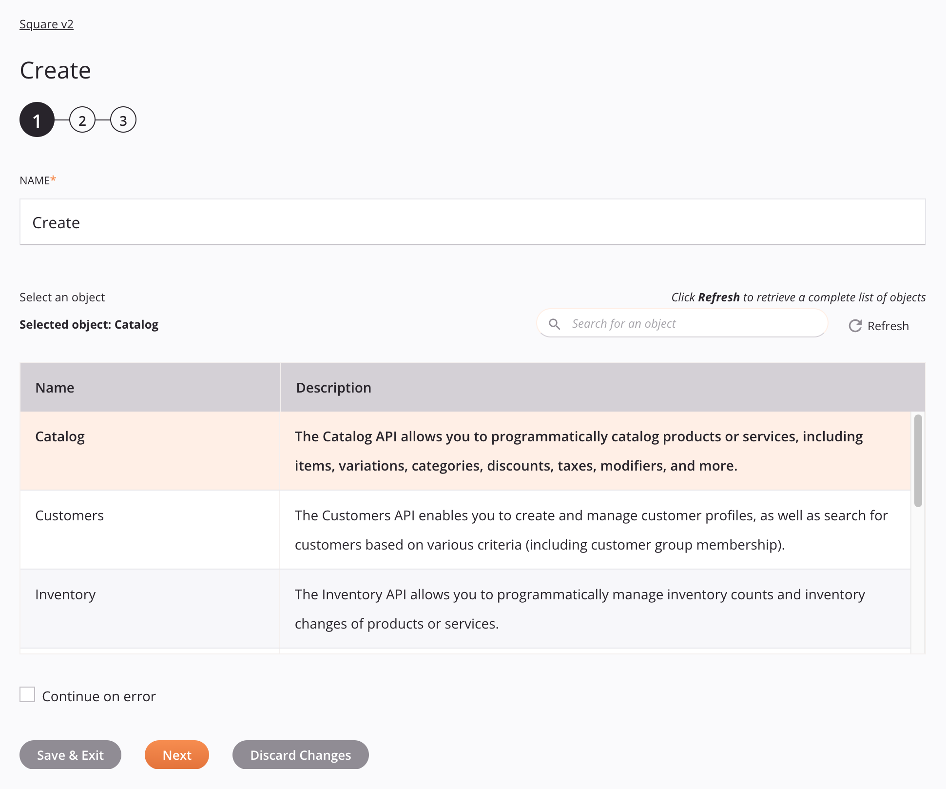 Square v2 Create activity configuration step 1