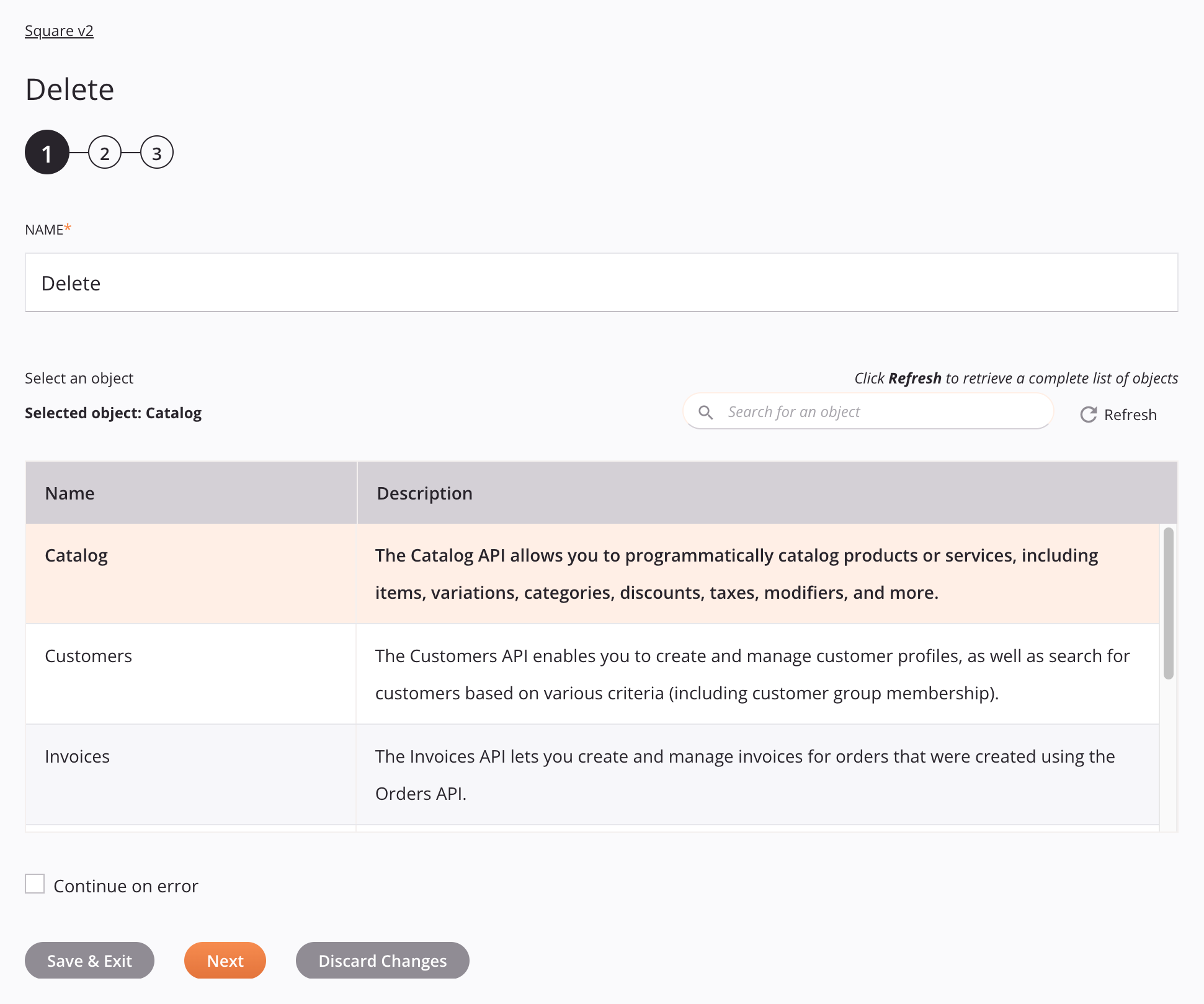 Square v2 Delete activity configuration step 1