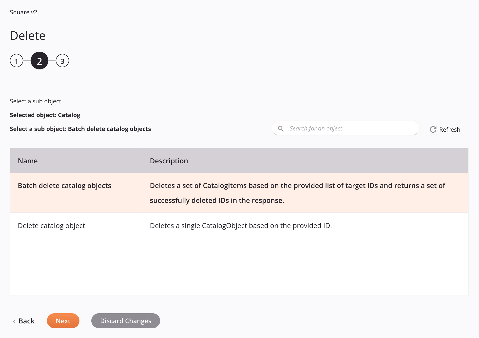 Paso 2 de configuración de actividad de eliminación de Square v2