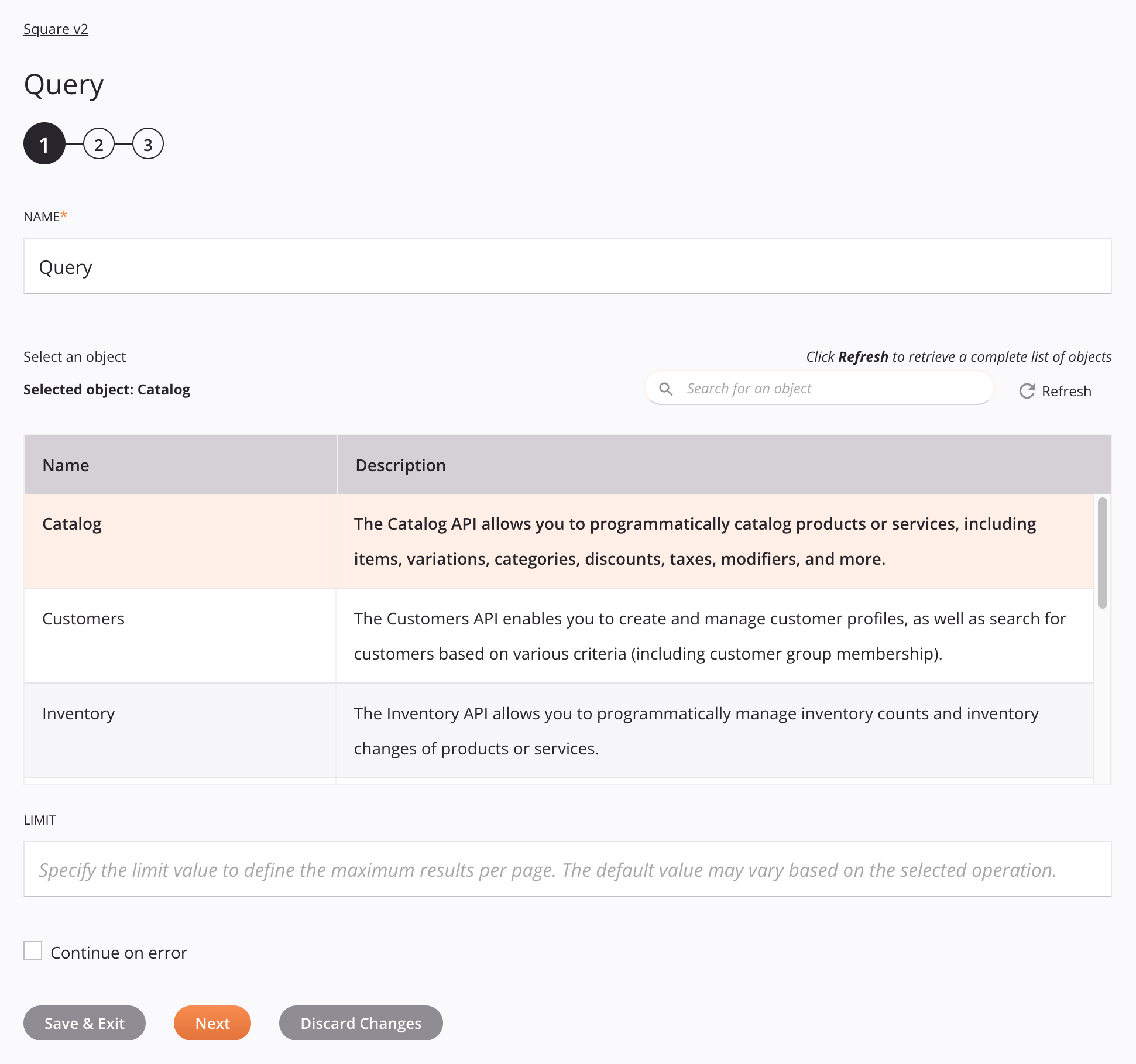 Square v2 Query activity configuration step 1