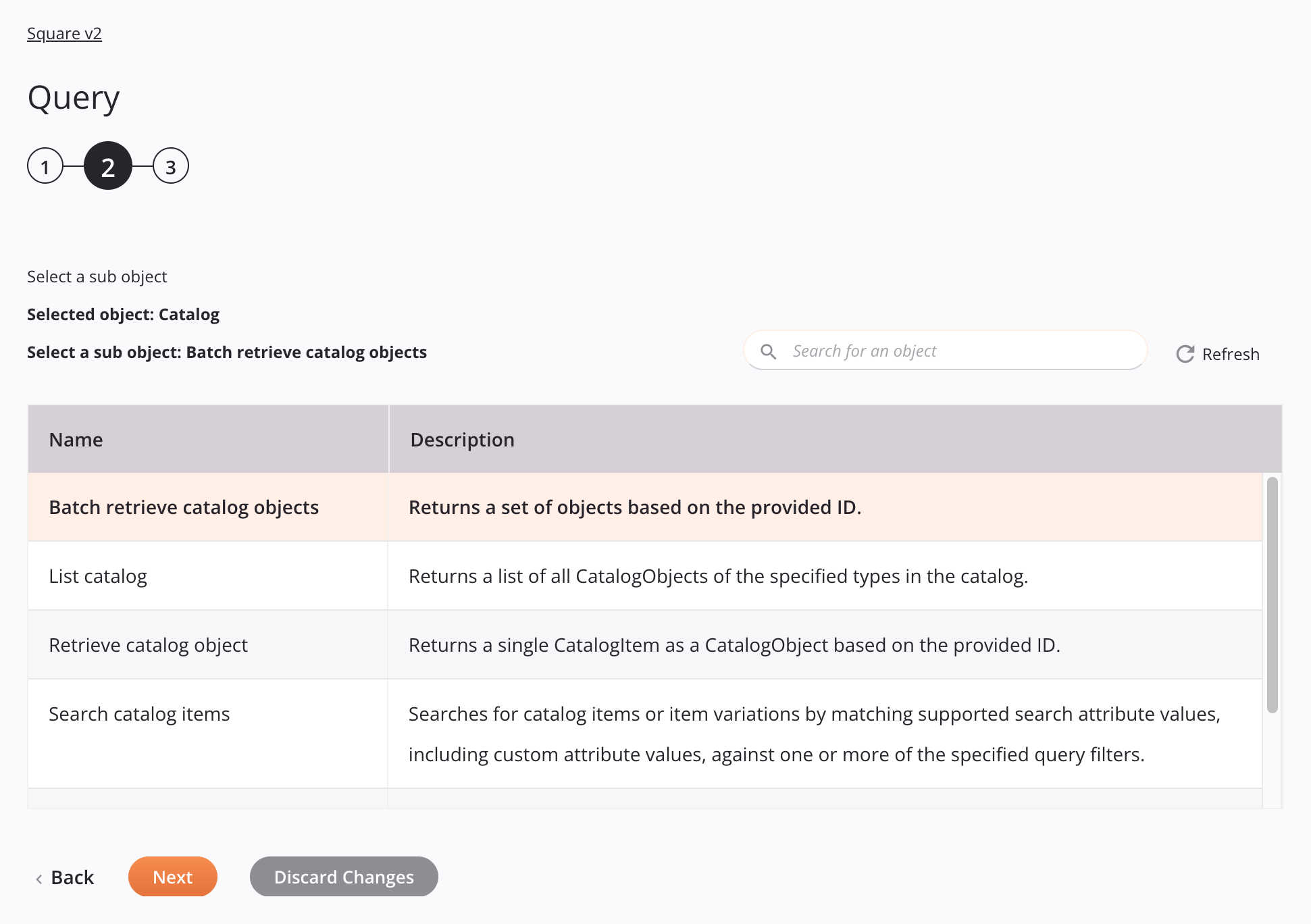 Paso 2 de configuración de la actividad de consulta de Square v2