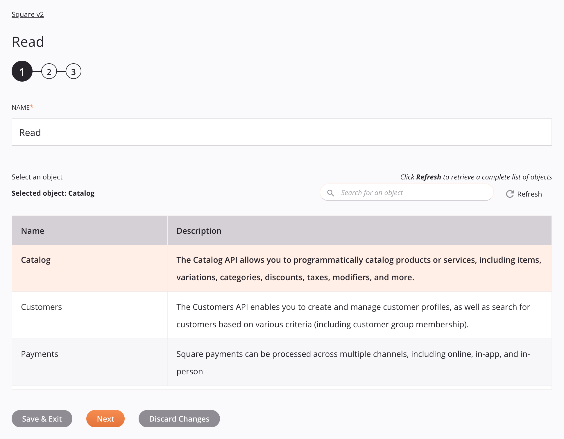 Square v2 Read activity configuration step 1