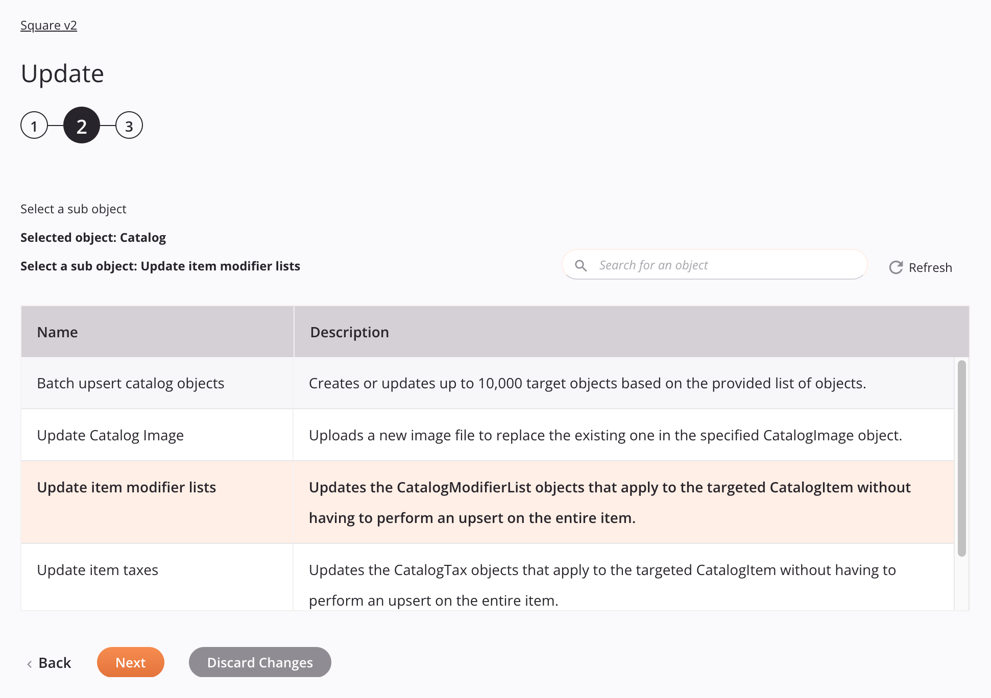 Paso 2 de configuración de la actividad de actualización de Square v2