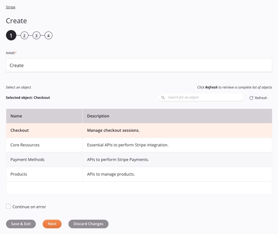 Etapa 1 da configuração da atividade de criação do Stripe