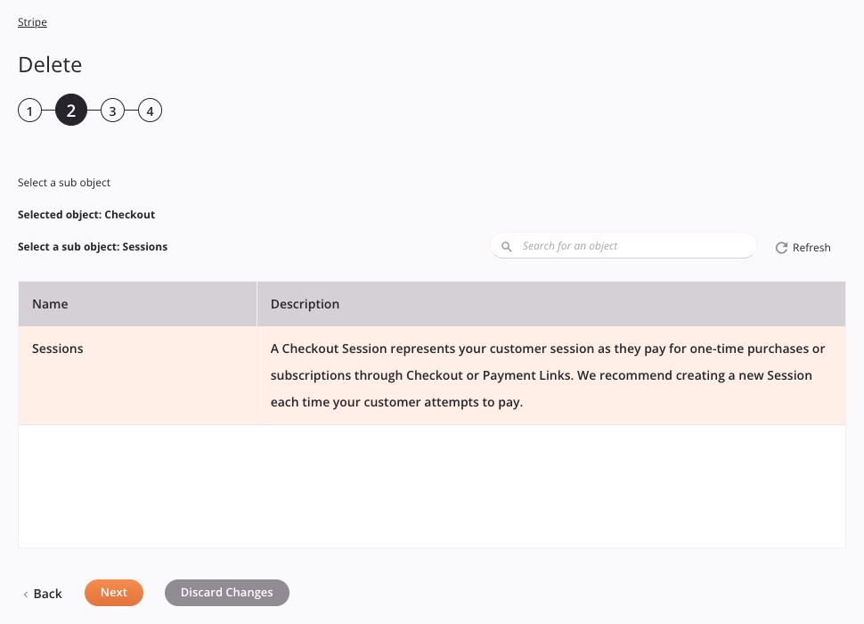 Stripe Delete activity configuration step 2