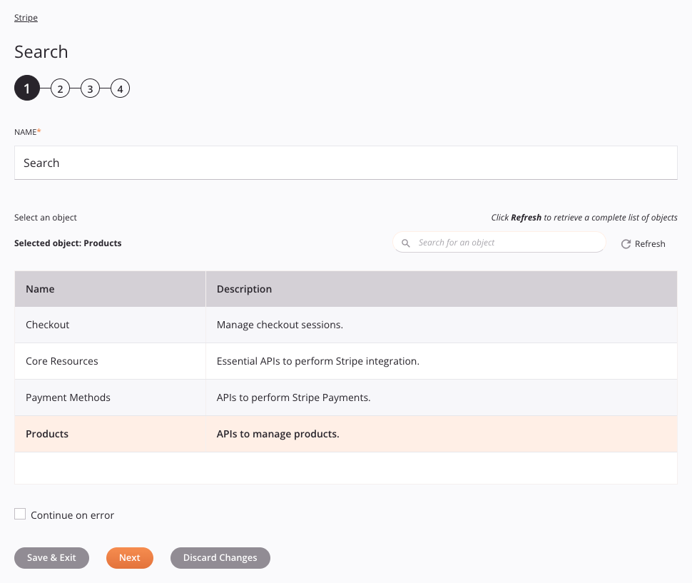 Etapa 1 da configuração da atividade do Stripe Search