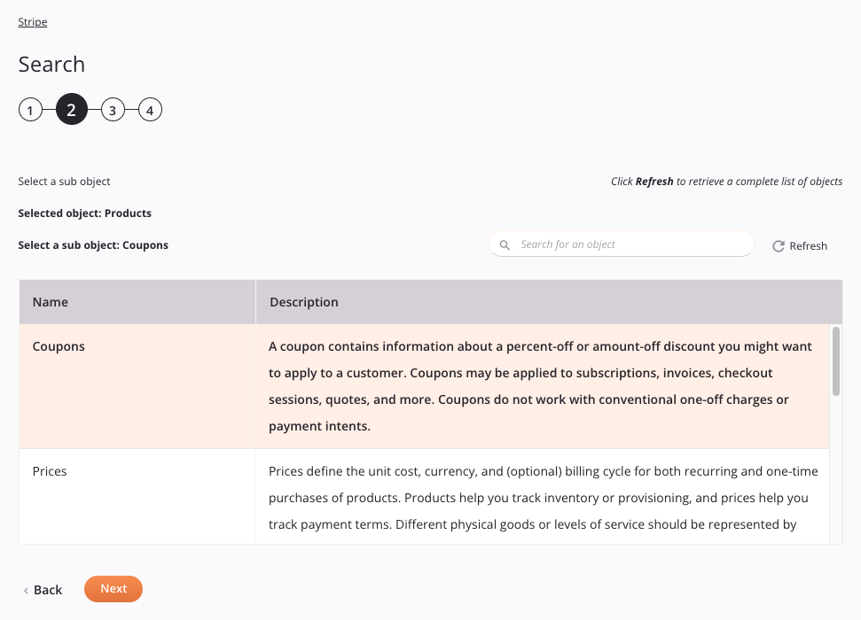 Paso 2 de configuración de la actividad de búsqueda de Stripe