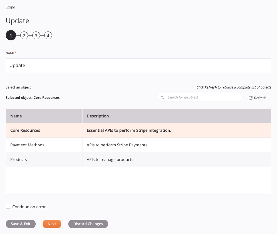 Etapa 1 da configuração da atividade de atualização do Stripe