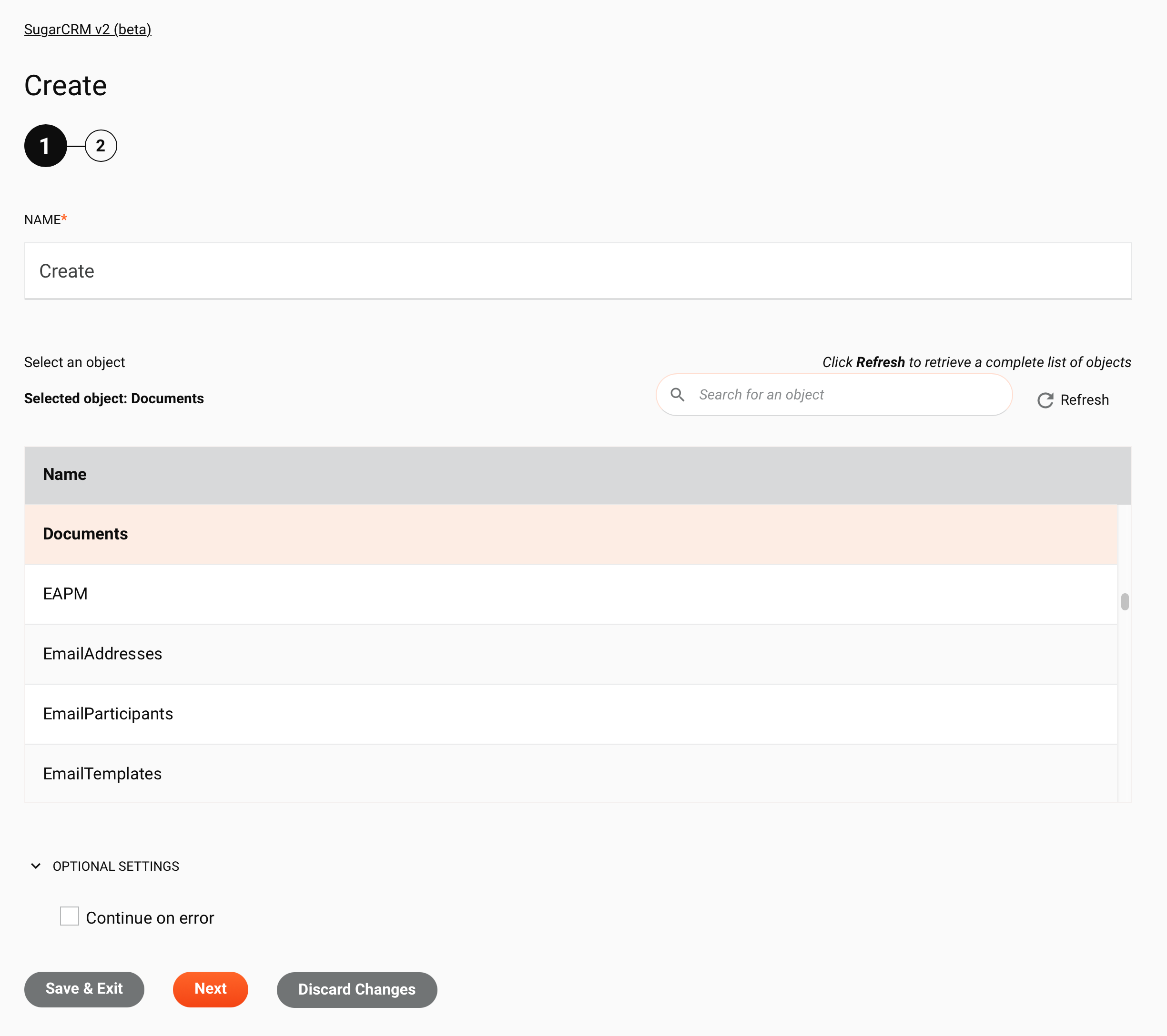 SugarCRM v2 (Beta) Aktivitätskonfiguration erstellen, Schritt 1