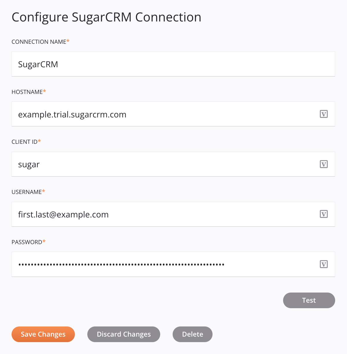 Configuração de conexão do SugarCRM