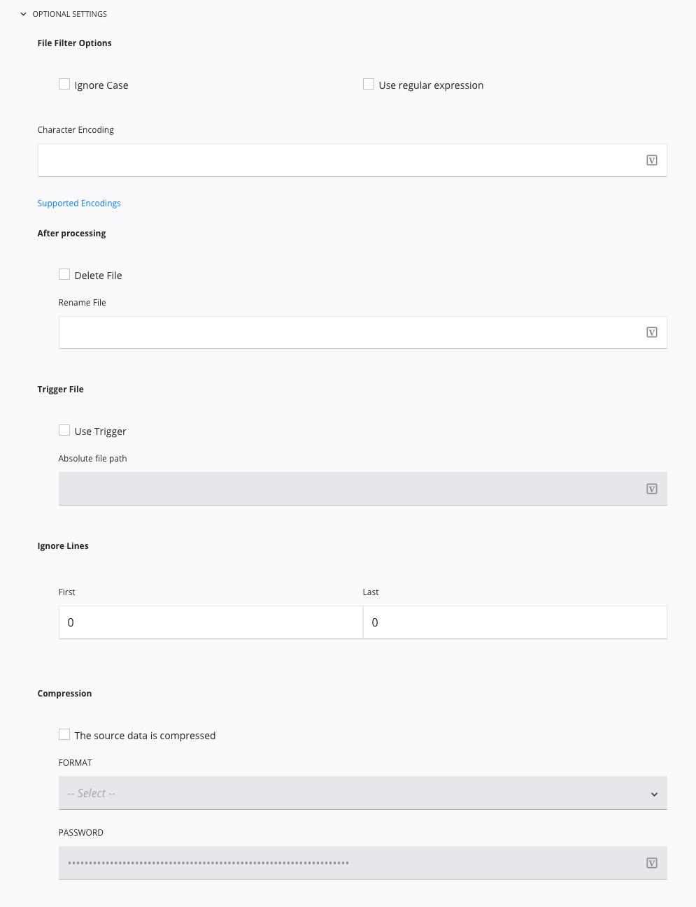 Temporary Storage Read activity optional settings