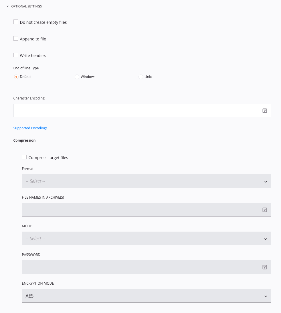 Temporary Storage Write activity 1 optional settings