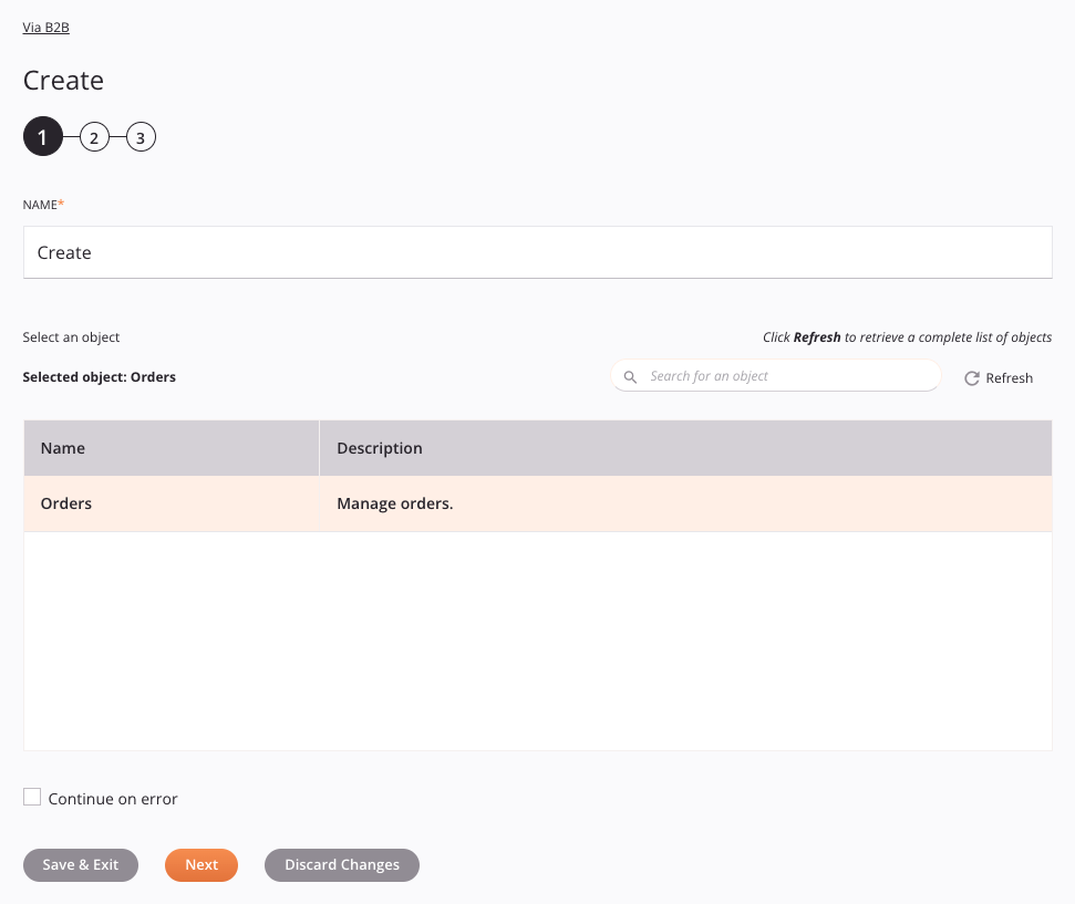 A Via B2B Crear configuración de actividad Paso 1