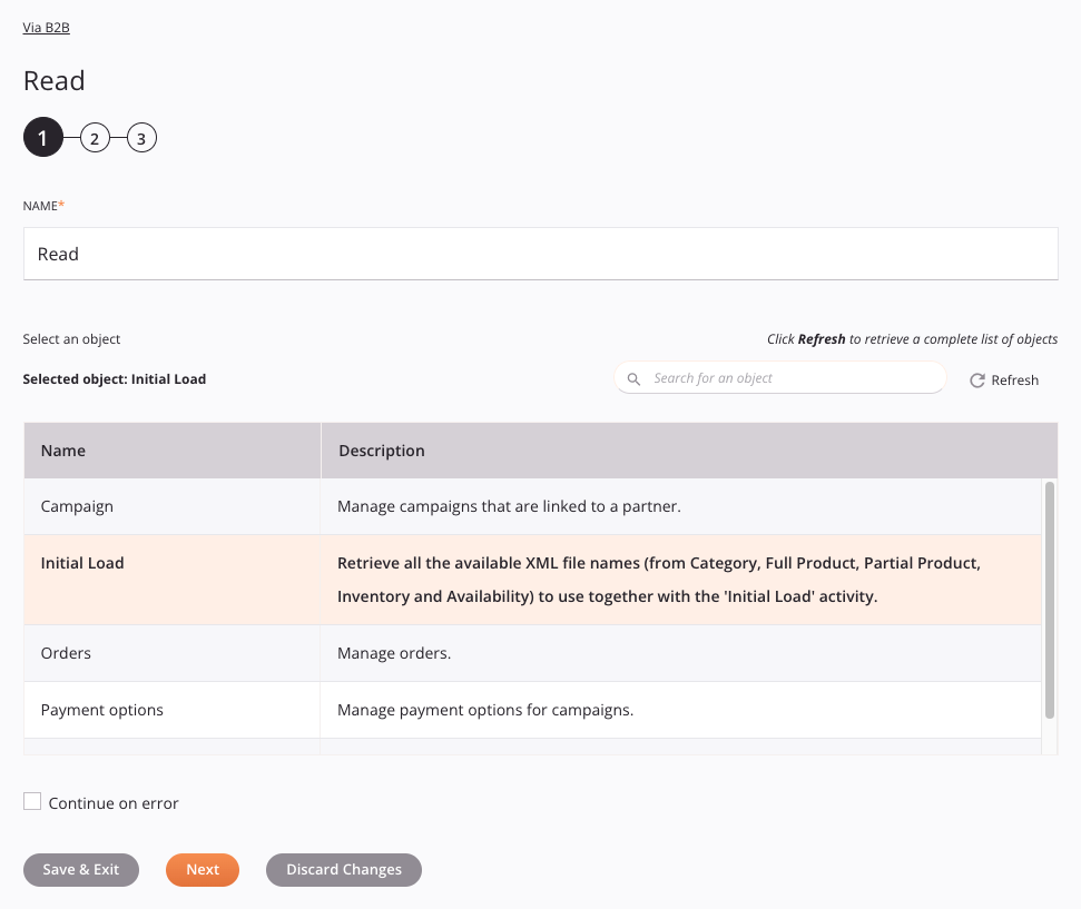 Via B2B Read activity configuration step 1